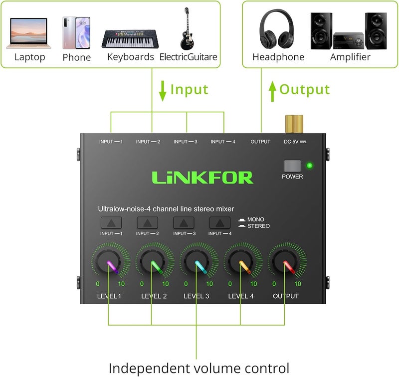 LiNKFOR 4 Channel Stereo Audio Mixer CX400 Metal Shell Support RCA Input and Output Mini Passive Stereo Mixer with Separate Volume Controls (6.35mm 4 Channel With RGB light) - Image 2